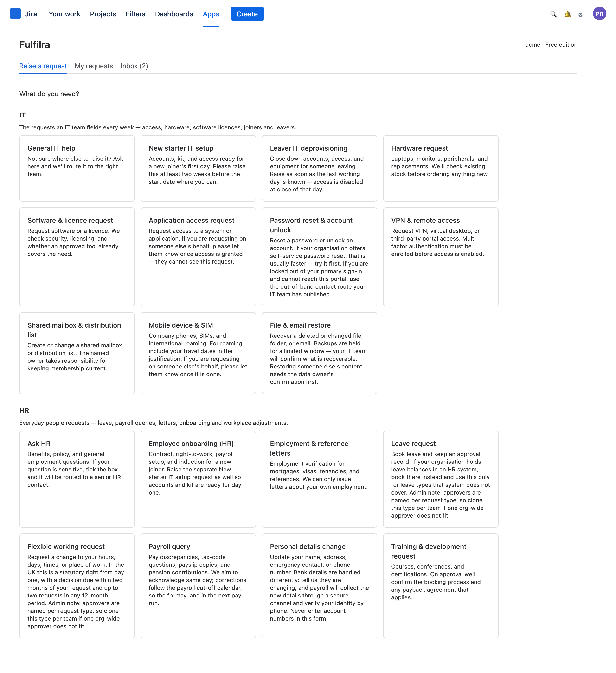 The Fulfilra request catalog, with IT and HR request types grouped under headings