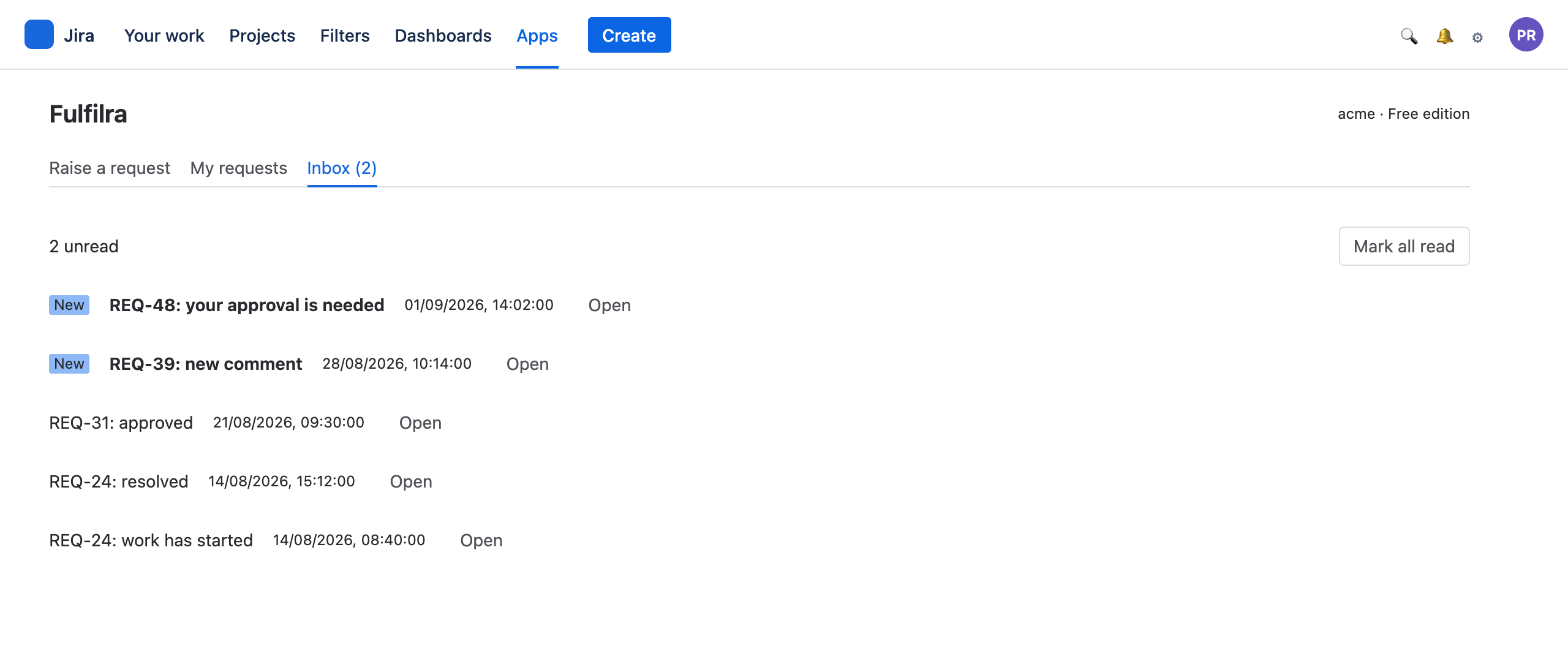 The in-app inbox with unread notifications about requests