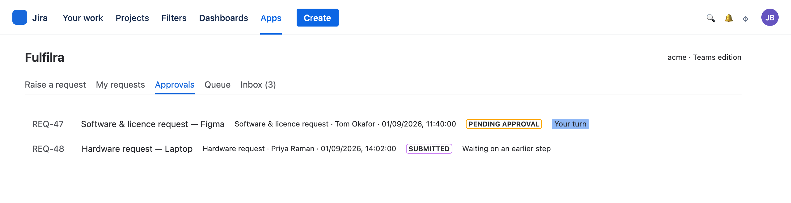 An approver's list of requests waiting on them, marked with whose turn it is