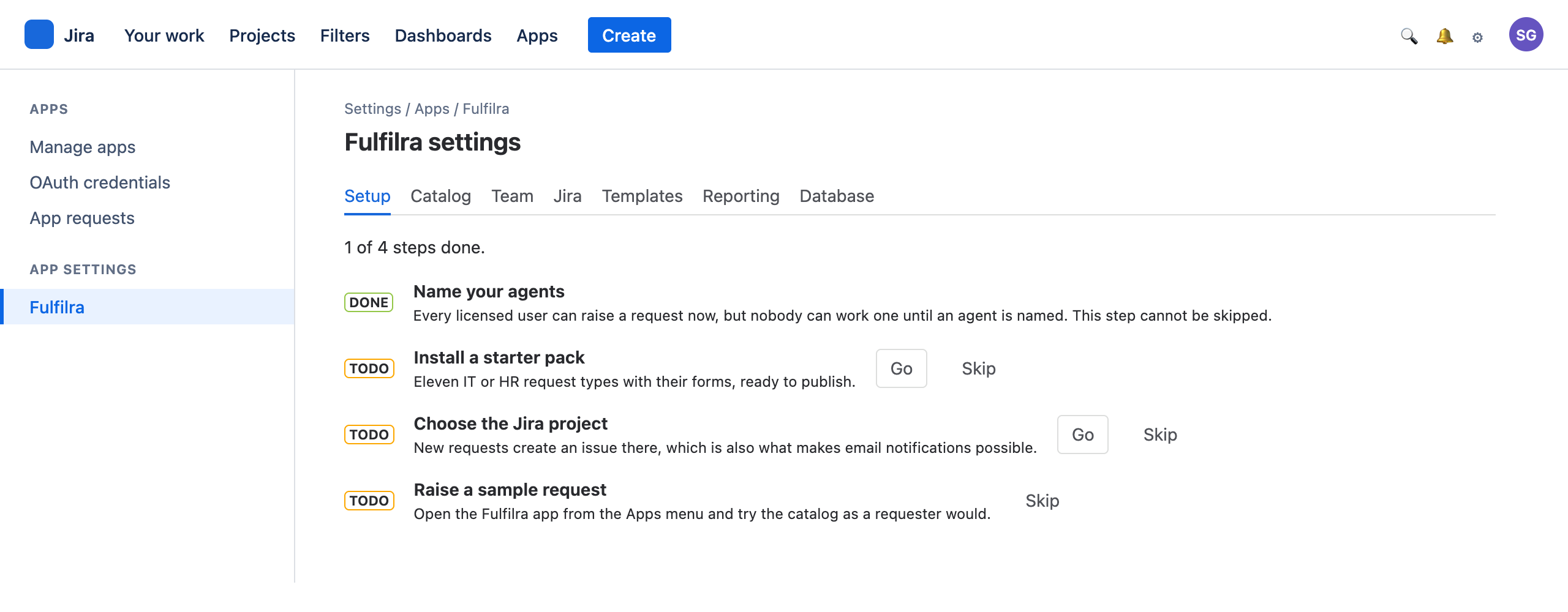 The four-step setup checklist in Fulfilra's admin settings