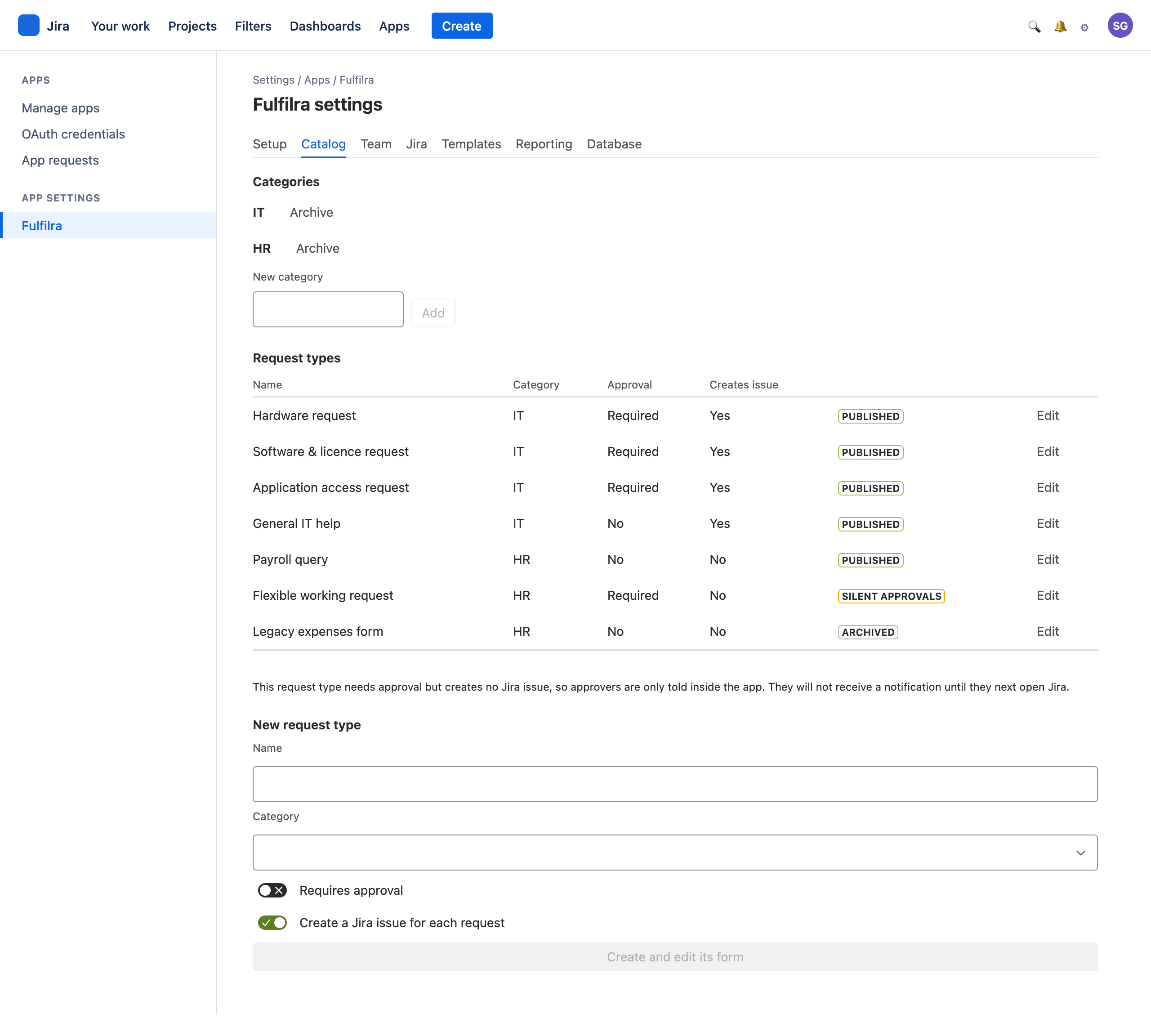 The admin catalog listing categories and request types with their approval and issue settings